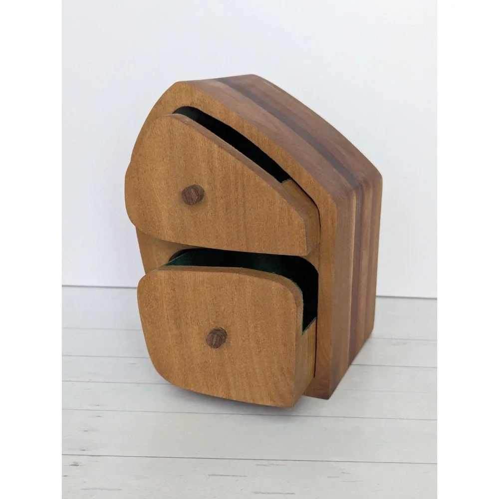 Vintage 2 Drawer MCM Wood Band Saw Jewelry Trinket Box Abstract Danish Inspired